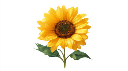 Obraz premium Isolated sunflower with yellow petals brown center green stem and leaves on a white background