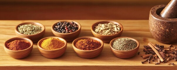 Fototapeta premium Assortment of colorful spices displayed in small wooden bowls on table