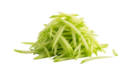 A closeup of a heap of julienned cucumber, isolated on transparent background, highlighting its vibrant green color, fresh texture, and culinary appeal for salads and healthy dishes