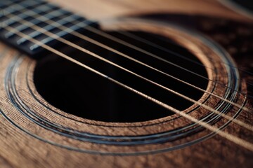 Fototapeta premium Close-up acoustic guitar soundhole, wood grain. Indoor, music