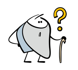 Old man leans on his wand, holds onto his sore back and asks a question. Vector illustration of a sign and a gray long beard. Funny elderly stickman is grumbling and perplexed.
