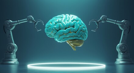 Artificial intelligence concept featuring a robotic arm holding a human brain representing future technology and cognitive science