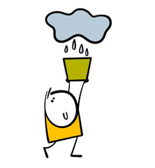 Funny stickman suffers from thirst, stretches his arms to the sky. Vector illustration of a boy holding a bucket and collecting rainwater. Cartoon environmentally friendly liquid from cloud.