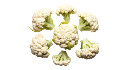 Fototapeta premium Isolated on transparent background, a collection of fresh cauliflower florets, showcasing the vegetables texture and healthy appeal for culinary creations