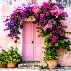 Naklejka premium Floral doorway in pastel hues, evoking mediterranean charm and a sense of serenity