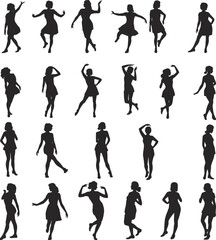Dancing women vector silhouette set, happy female poses, celebration and party icons, joyful dynamic movement, flat vector illustration
