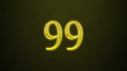 Neon glowing yellow number of 99 on dark background.
