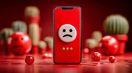 Smartphone displays a sad face emoji amidst a surreal landscape of red spheres and cacti
