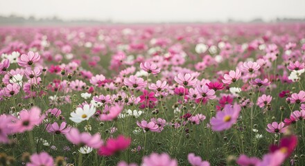 Obraz premium A field of pink cosmos flowers blooming in the summer, creating a beautiful and vibrant landscape