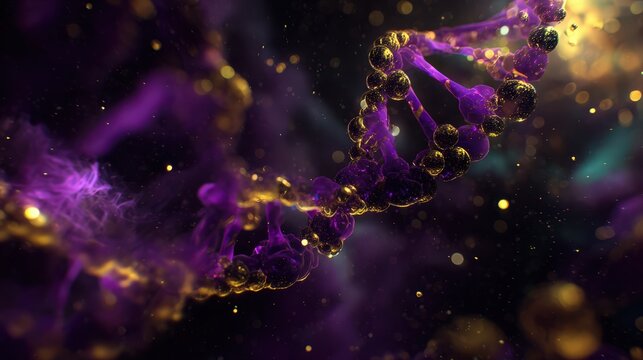 Abstract Glowing Golden And Purple Dna Structure In Space