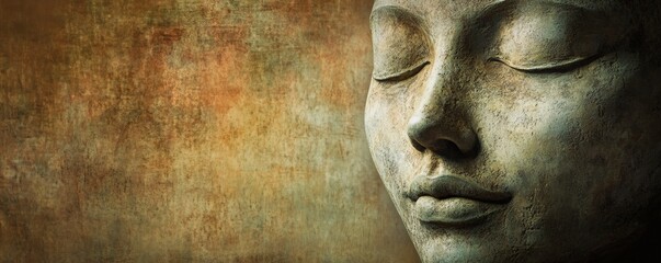 A serene stone sculpture of a face with closed eyes