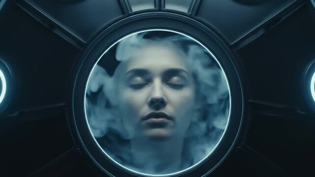Futuristic Cryostasis: Woman's Face in Dynamic Swirling Vapor Chamber with Glowing Light