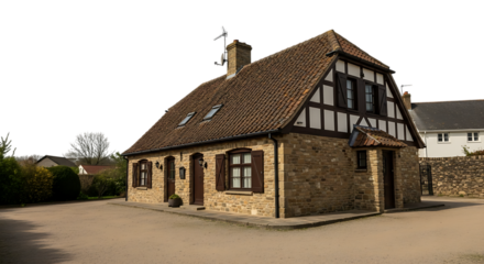 Charming stone cottage with timber frame and tiled roof in a picturesque village setting, surrounded by lush greenery and a serene landscape isolated on transparent background