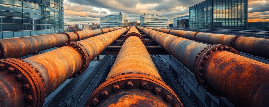 Large rusted pipes run across an urban building landscape in daylight