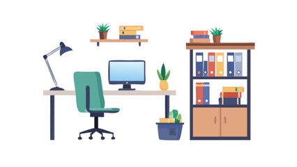 Illustration of a tidy workspace with desk, chair, computer, lamp, and bookshelf in a bright office