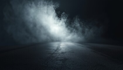 Creating Abstract Lighting Effects On Asphalt In The Darkness Of A Street, Surrounded By Smoke - A Striking Scene.