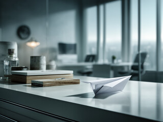 Fototapeta premium folded paper airplane on a corporate desk, poised for flight, symbolizing startup ambition and new ventures. Sleek, minimalist, modern office backdrop, soft light