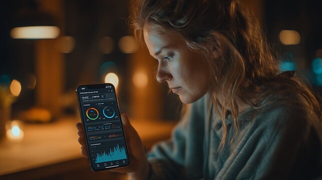 Young woman engrossed in her smartphone screen amidst soft bokeh city lights