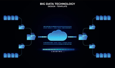 Cloud upload concept. Files and folders transfer data with a holographic progress bar that says "Loading," showing  the files are transferred to the cloud. Technology Artificial Intelligence concept