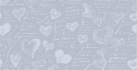 Love themed pattern of abstract illegible hand drawn hearts . Vintage notes bad calligraphy script, old book document. Vector illustration of monochrome hand drawings. valentine day themed.