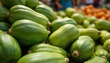 Fresh green chayote squash piled high at traditional market stall. Cucurbitaceae vegetables ready for sale, offering healthy ingredient for vegetarian diets. Perfect for grocery shopping
