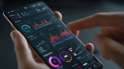 Close up of a person s hands holding a smartphone displaying a complex data visualization app