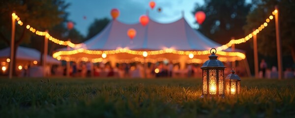 Obraz premium Night party setting with glowing lanterns in foreground. Large tent with festive string lights, hot air balloons adorns background, creating magical, romantic ambience. People gather for celebratory