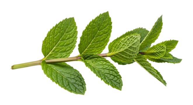 Fresh mint sprig isolated on transparent background, showcasing its vibrant green leaves, aromatic fragrance, and culinary versatility, perfect for adding a refreshing touch