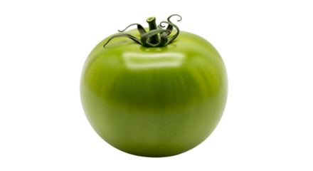 Unripe green tomato with stem and leaves isolated on transparent background, showcasing its vibrant color and fresh appearance, perfect for culinary or agricultural concepts