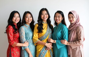 Five young Asian women in traditional clothing stand together smiling. Represent Malay, Chinese, Indian ethnicities. Attire includes baju kurung, cheongsam, kebaya, saree, multiracial community