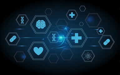 Futuristic Medical and Healthcare Icons with Glowing Hexagonal Frames on Dark Blue Background

