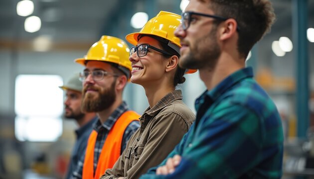 Diverse industrial team with yellow hard hats stands in factory line up. Professionals focus forward sharing unified vision for manufacturing production. Teamwork, success, leadership evident in