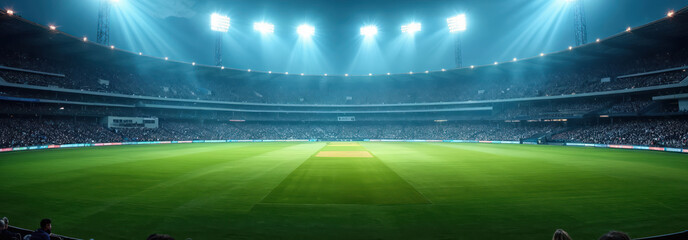 Night cricket match in stadium under bright floodlights. Large crowd watches action on vibrant green field. Intense competition, summer sport excitement, team rivalry create thrilling atmosphere for