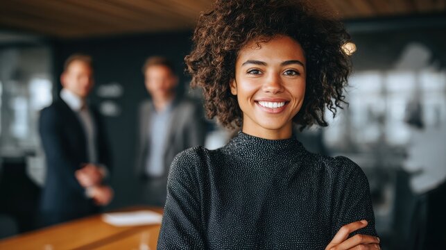 confident young african businesswoman standing with folded arms smiling at the camera in a boardroom with male colleagues in the background no logos no brands ar 169