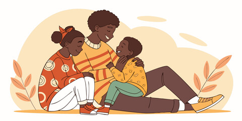 Loving African American family embraces on floor, bonding moment together