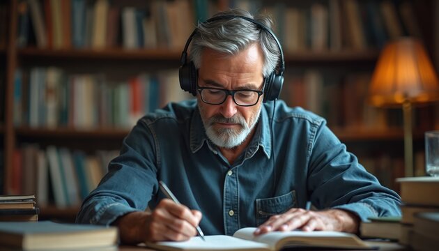 Middle-aged man with headphones writes in notebook listening to audiobook. Focused man engaged in journaling for self-improvement, creativity. Mature individual enjoys quiet study, connecting ideas,