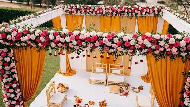 Floral Wedding Mandap with Yellow Drapes