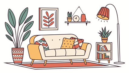 Illustration of a living room with a sofa plants lamp and shelf with decorative objects depicted