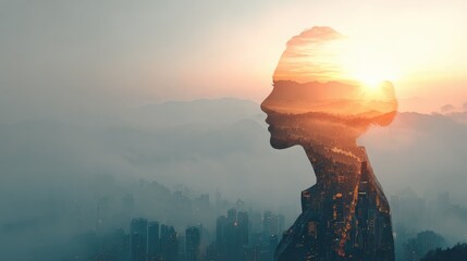 successful business woman on mountain top leadership and future concept abstract city background with sunlight and silhoutte double exposure no logos no brands ar 169