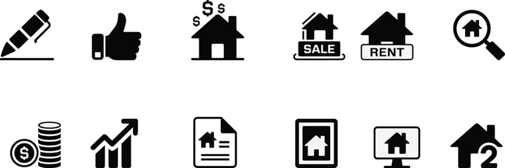 Real Estate Icons Vector Set, Houses for Sale and Rent, Financial Symbols, Market Growth and Property Management Concepts, Web Design