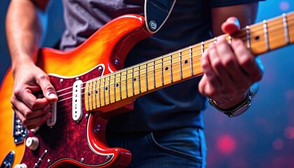 Obraz premium Musician plays electric guitar with vibrant, colorful strokes creating artistic, fluid effect. Close-up on hands, strings, fretboard. Digital painting fiery energy, perfect for music promotion, art