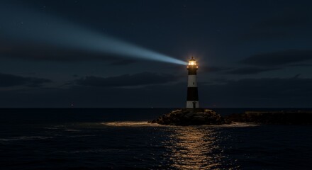 Fototapeta premium Lighthouse beam guiding through the nocturnal sea under a starlit sky