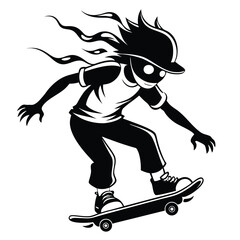 Silhouette of a Skateboarder Performing a Trick Intense Black and White Illustration of a Young Athlete in Action Sports