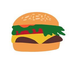 Flat illustration of tasty burger in sandwich bun style