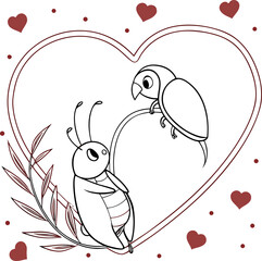 Cute Bird and Insect in Love Inside Heart Shape Illustration Isolated on White Background