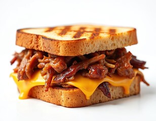 Hearty pulled pork, melted cheddar cheese sandwich on perfectly toasted bread. Delicious comfort food ideal for lunch, dinner, satisfying snack. Features savory slow-cooked pork, rich flavors,