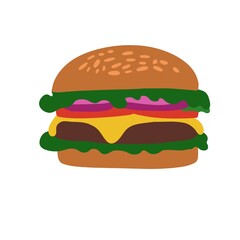Flat illustration of tasty burger in sandwich bun style