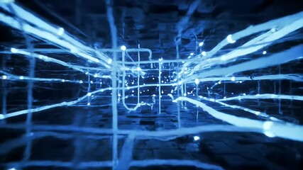 A glowing blue digital network of fiber optic cables transmitting data through a complex futuristic cyberspace grid. - Powered by Adobe