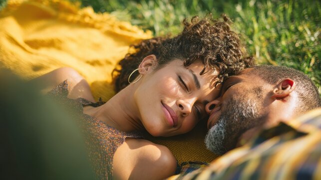 young multiethnic couple lying on blanket on grass latin woman with her african boyfriend relaxing on picnic blanket outdoor mature happy couple in love lying on grass with copy space no logos no bra