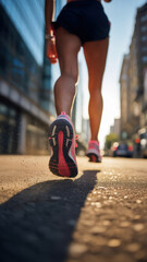 Fototapeta premium Female Runner's Legs and Shoes on a City Street at Sunset.